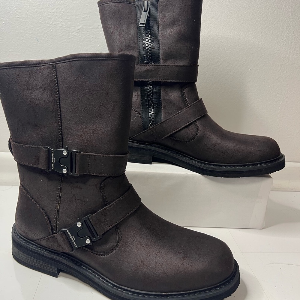 Karl Lagerfeld Paris Brown Buckle Mid-Calf Boots Men Size 9.5 New without box